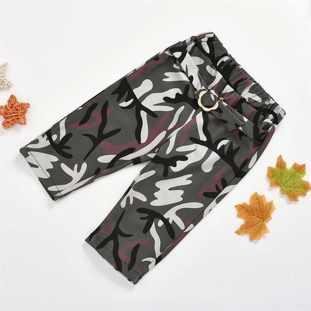 Girls Solid Long Sleeve T-shirt & Camo Trousers Little Girl Pants
