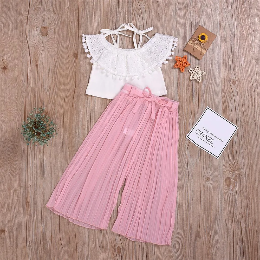 Girls Summer Solid Tassel Sleeveless Top & Pants Toddler Girl Wholesale Clothing
