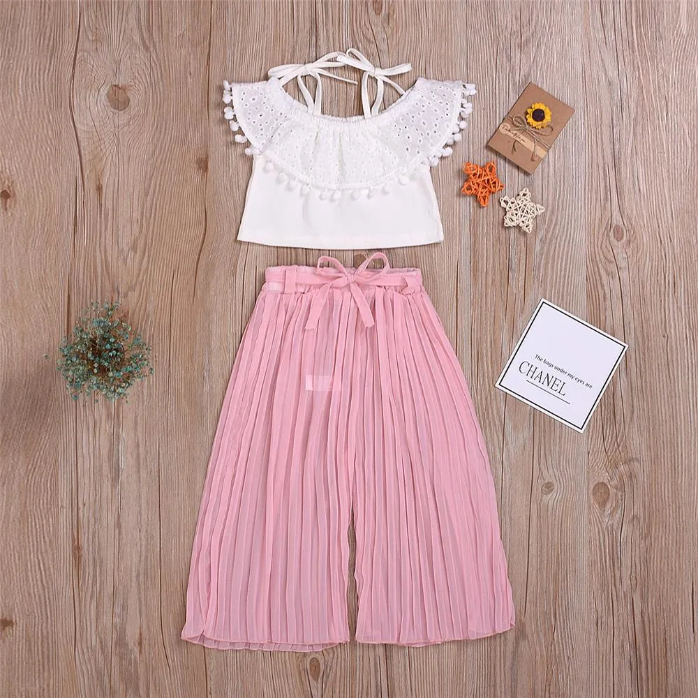 Girls Summer Solid Tassel Sleeveless Top & Pants Toddler Girl Wholesale Clothing