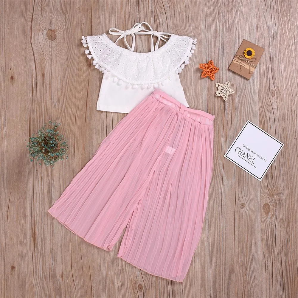 Girls Summer Solid Tassel Sleeveless Top & Pants Toddler Girl Wholesale Clothing