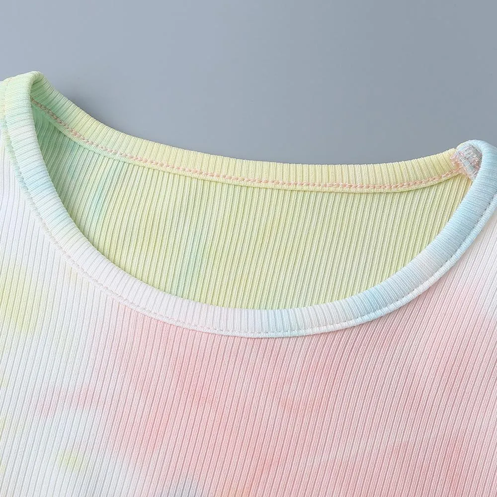 Girls Tie Dye Letter Printed Tops & Elastic Waist Pants