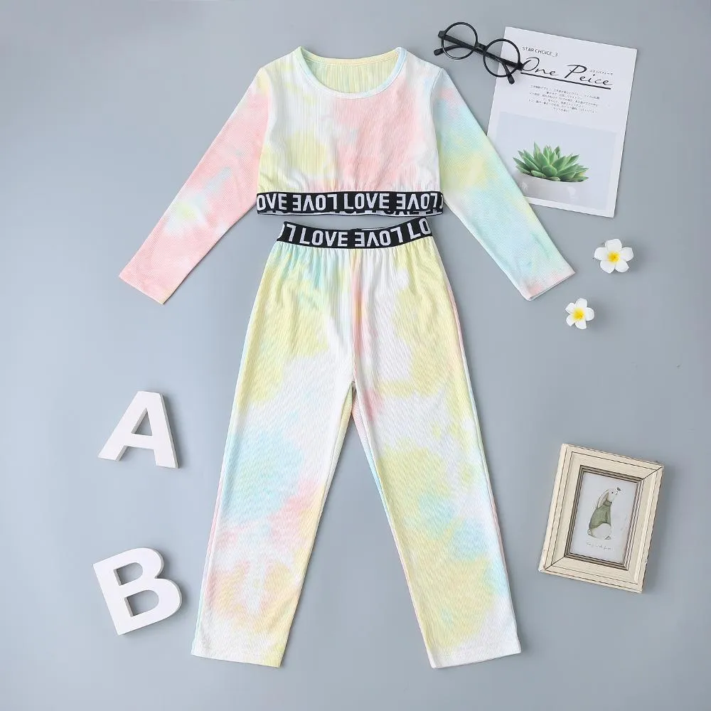 Girls Tie Dye Letter Printed Tops & Elastic Waist Pants