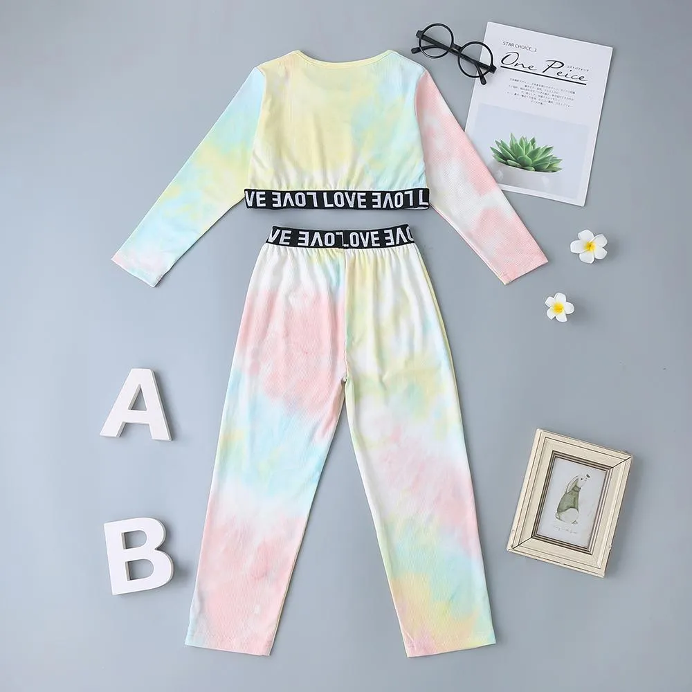 Girls Tie Dye Letter Printed Tops & Elastic Waist Pants