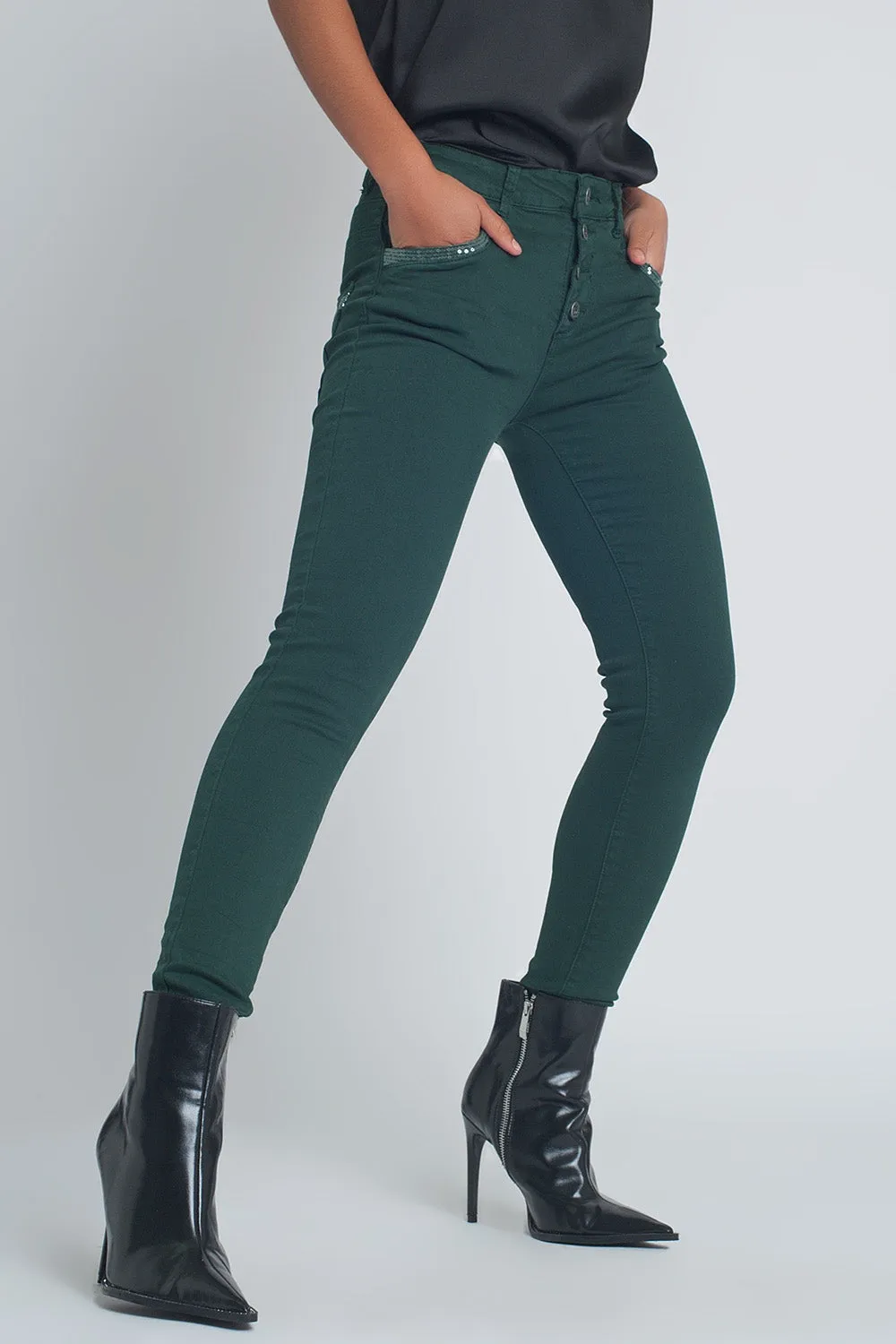 Green boyfriend Pants with sequin pocket detail