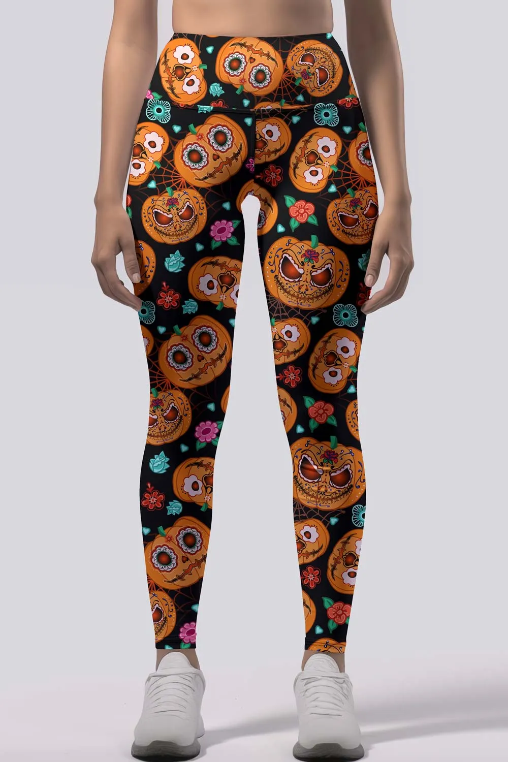 Halloweird Lucy Black & Orange Pumpkin Print Yoga Leggings - Women