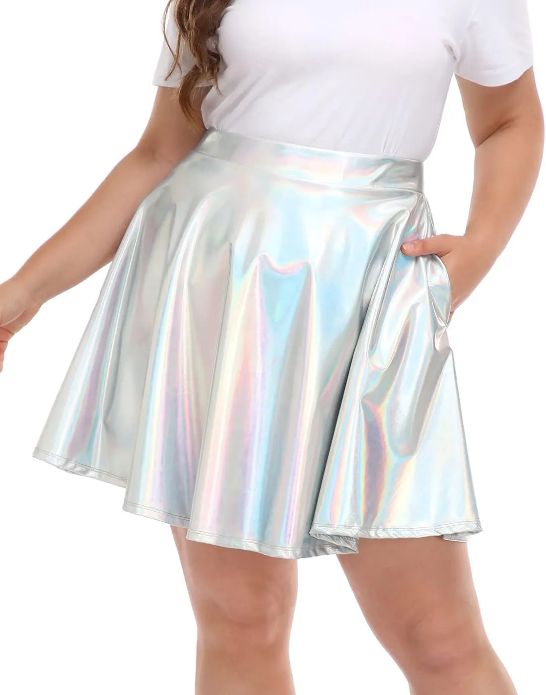 HDE Plus Size Shiny Metallic Skater Skirt High Waisted Holographic Pleated Skirt