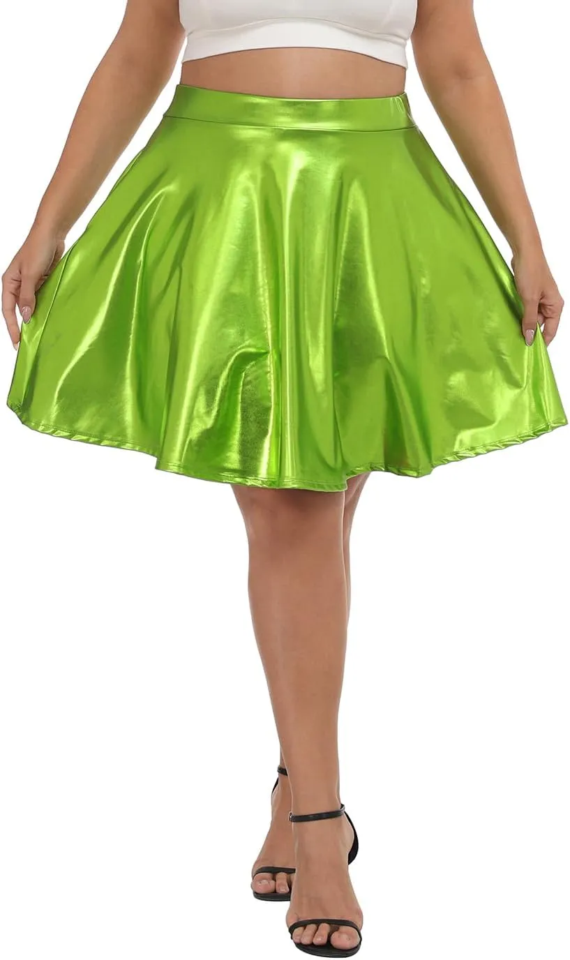 HDE Plus Size Shiny Metallic Skater Skirt High Waisted Holographic Pleated Skirt