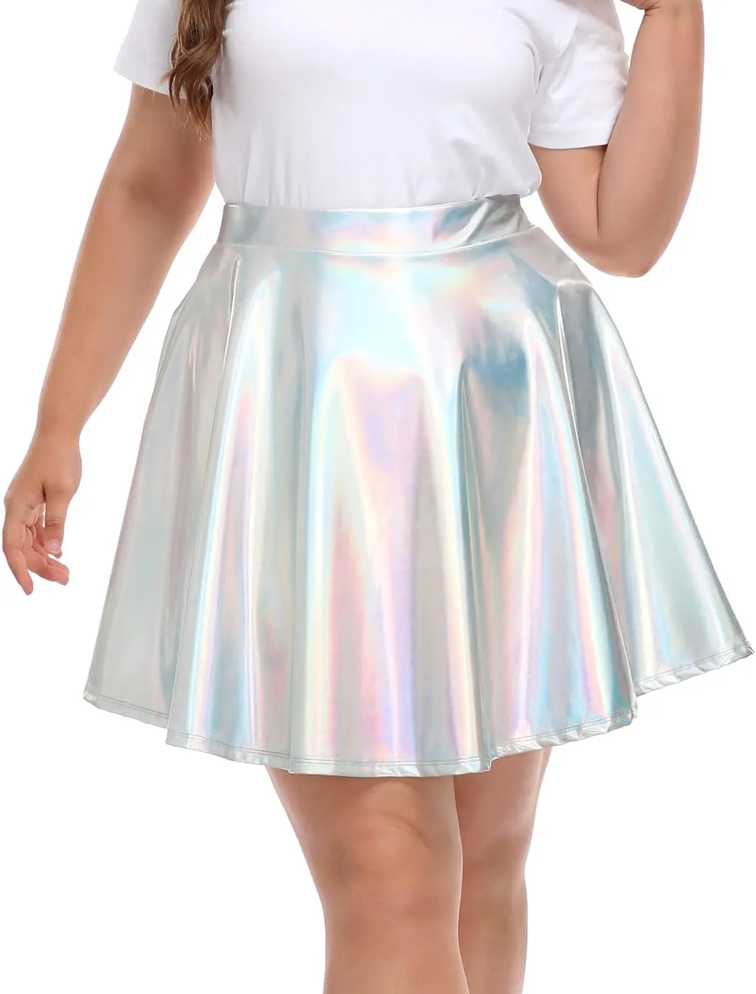 HDE Plus Size Shiny Metallic Skater Skirt High Waisted Holographic Pleated Skirt
