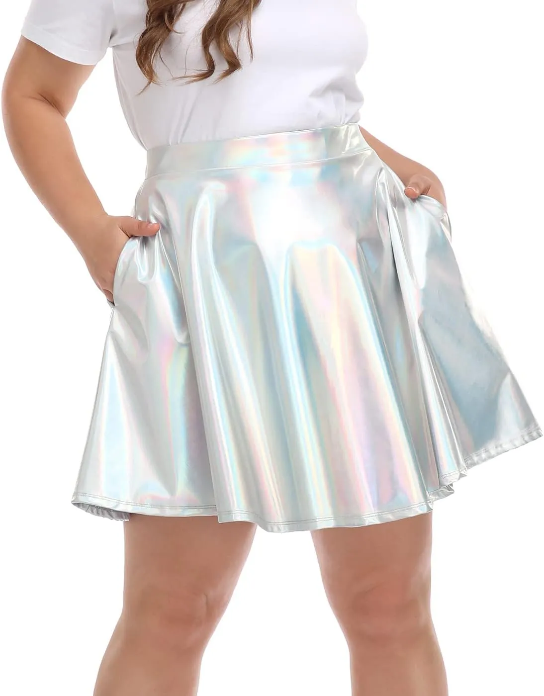 HDE Plus Size Shiny Metallic Skater Skirt High Waisted Holographic Pleated Skirt
