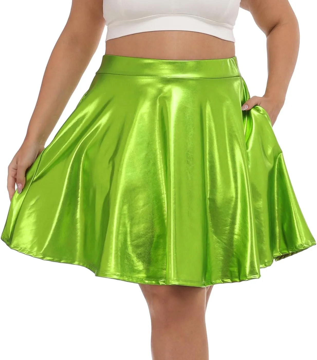 HDE Plus Size Shiny Metallic Skater Skirt High Waisted Holographic Pleated Skirt