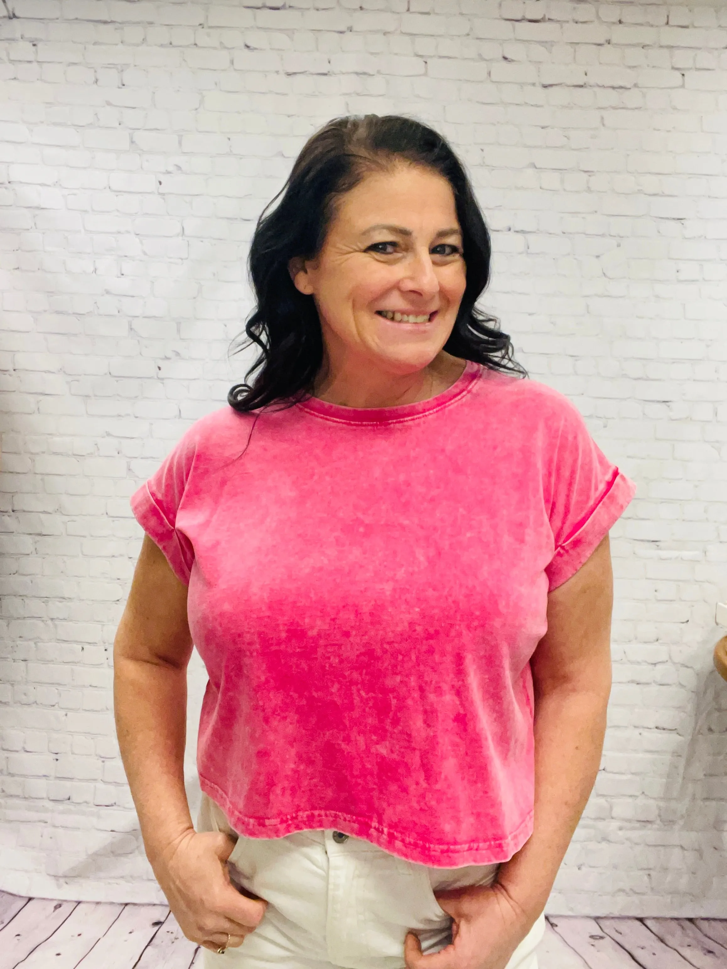 Hot Pink Acid Wash Cropped Tee