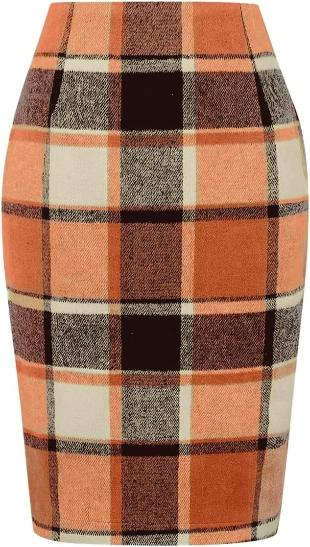 IDEALSANXUN Plaid Skirts for Women 2024 Fall Winter Knee Length Pencil Midi Wool Skirt with Slit, Orange New, M