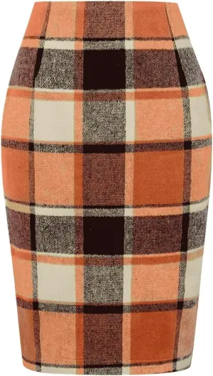 IDEALSANXUN Plaid Skirts for Women 2024 Fall Winter Knee Length Pencil Midi Wool Skirt with Slit, Orange New, M