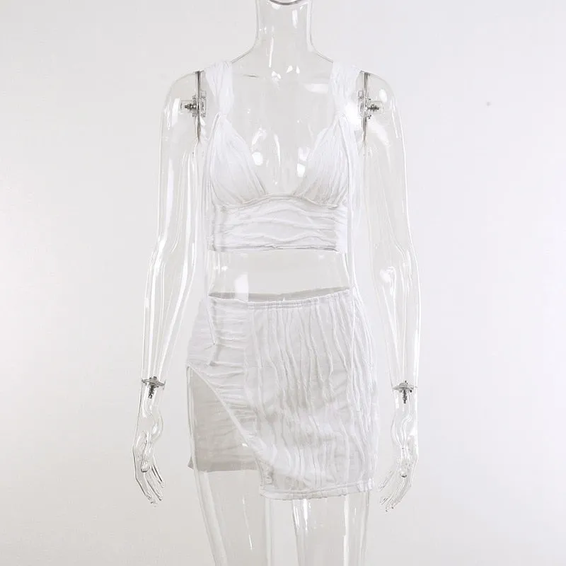 Knitted Slit Mini Skirts Crop Top White