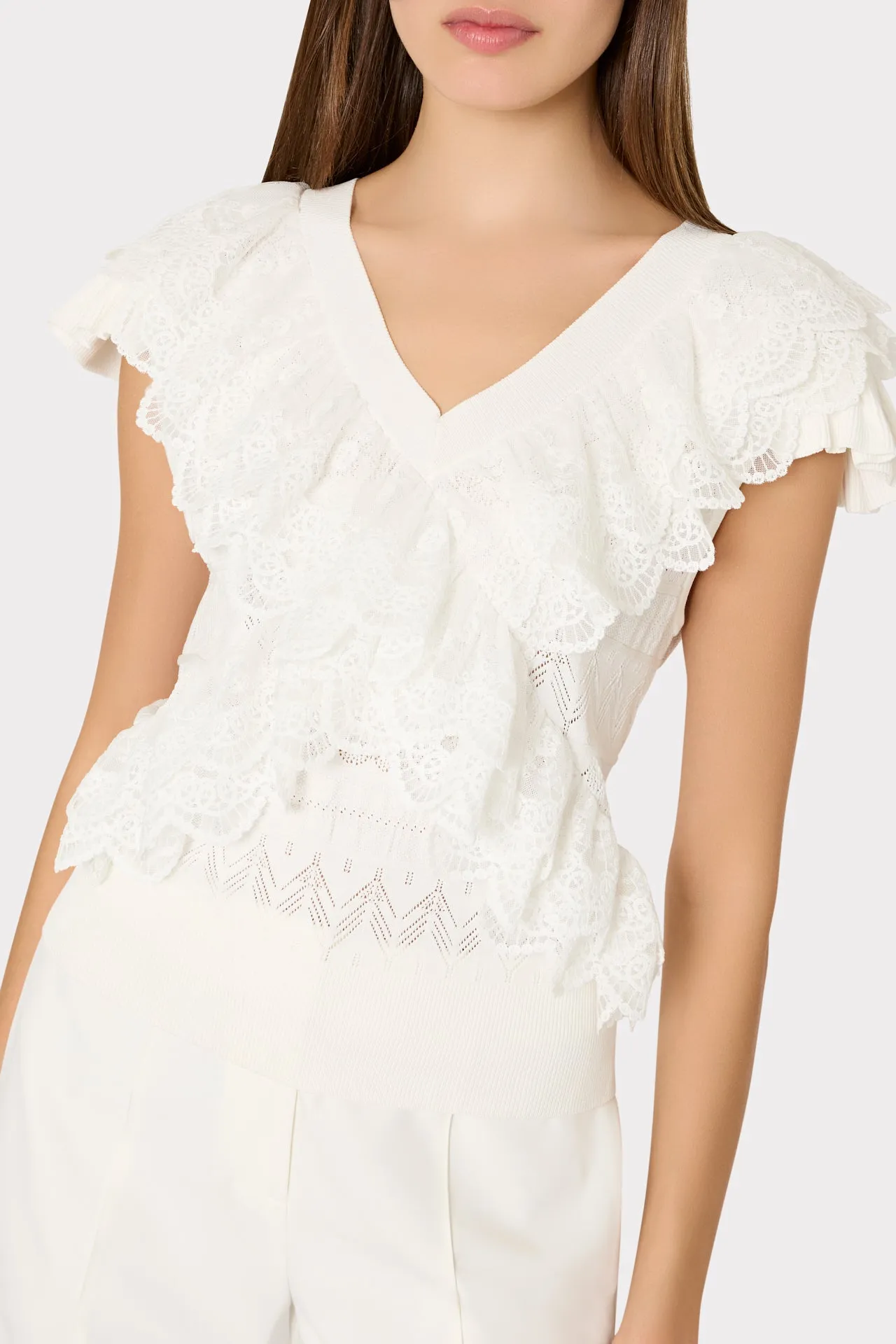 Lace Ruffle Knit V-Neck Top