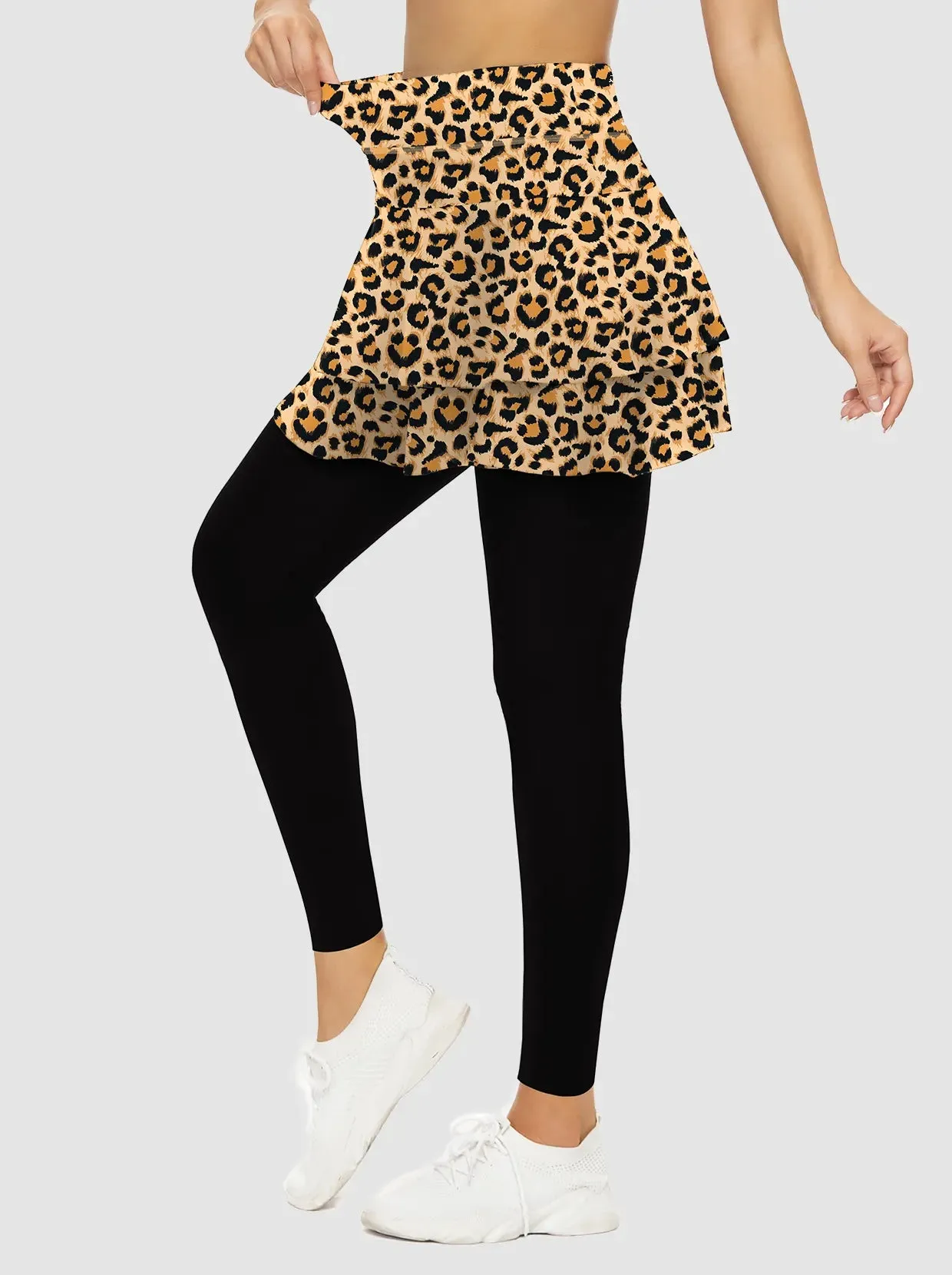 Leopard Print Double-layered Skirted Leggings with Pockets