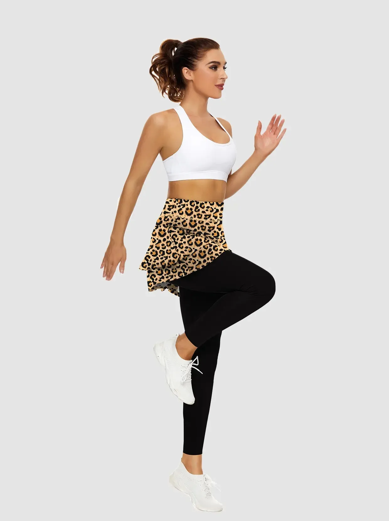 Leopard Print Double-layered Skirted Leggings with Pockets