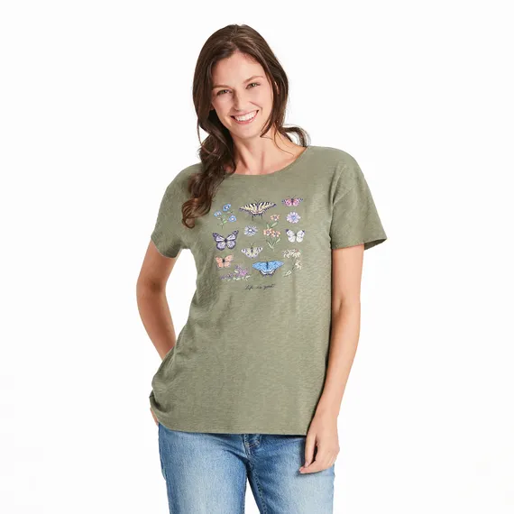 Life is Good Women's Crusher T-Shirt |Butterflies and Wildflowers Slub Easy Fit Tee