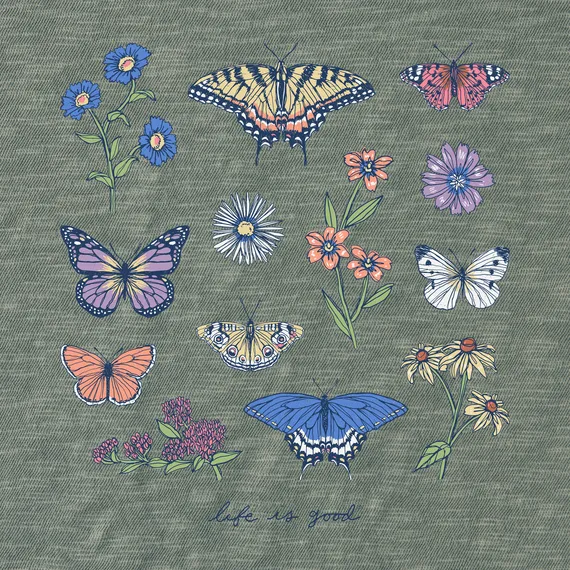 Life is Good Women's Crusher T-Shirt |Butterflies and Wildflowers Slub Easy Fit Tee