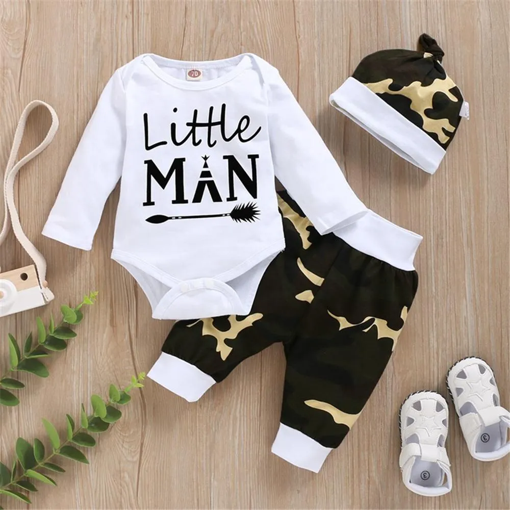 Little Man Long Sleeve Romper & Camo Pants & Hat Cheap Baby Clothes In Bulk