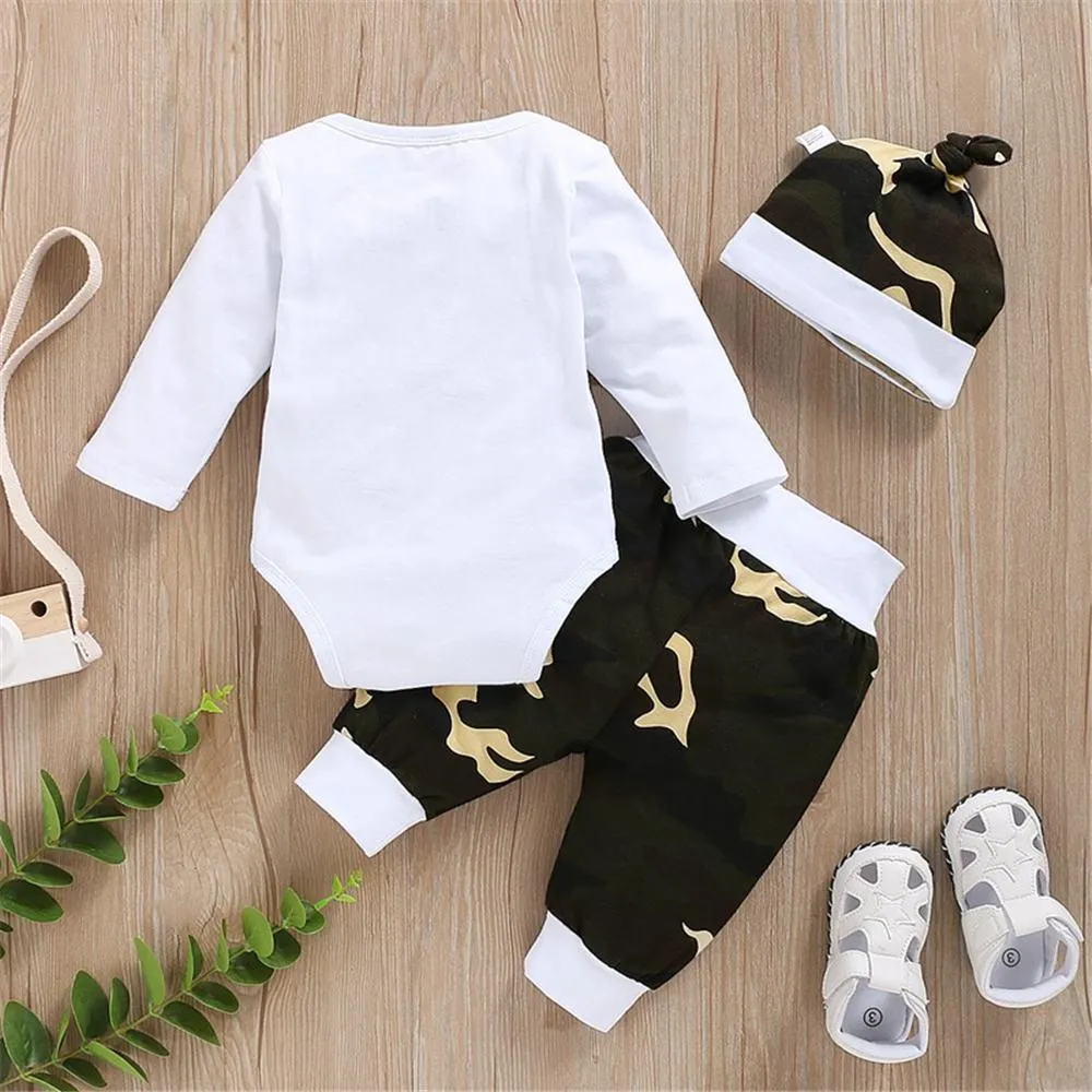 Little Man Long Sleeve Romper & Camo Pants & Hat Cheap Baby Clothes In Bulk