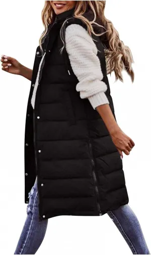 Long Puffer Vest Women Quilted Hooded Sleeveless Down Vest Outerwear Padded Jacket Fall Winter Coat with Pockets