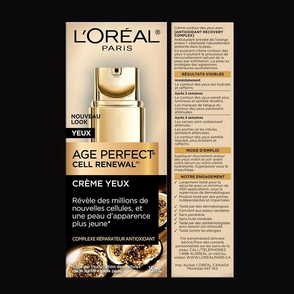 L'Oreal Paris Age Perfect Anti-Aging Under Eye Cream, Vitamin E, Antioxidants, Reduces Dark Circles, Puffiness, Age Perfect Cell Renewal, sensitive skin, Dermatologist Tested, Paraben Free, 0.5 fl oz