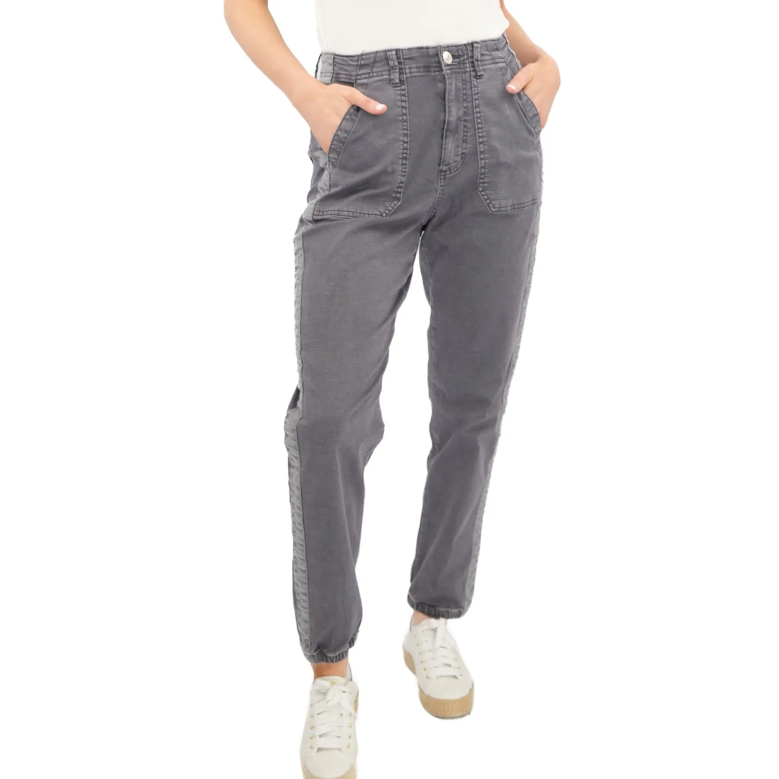 M&S Cotton Rich Slim Fit Trousers Stretch Elasticated Cuff Navy