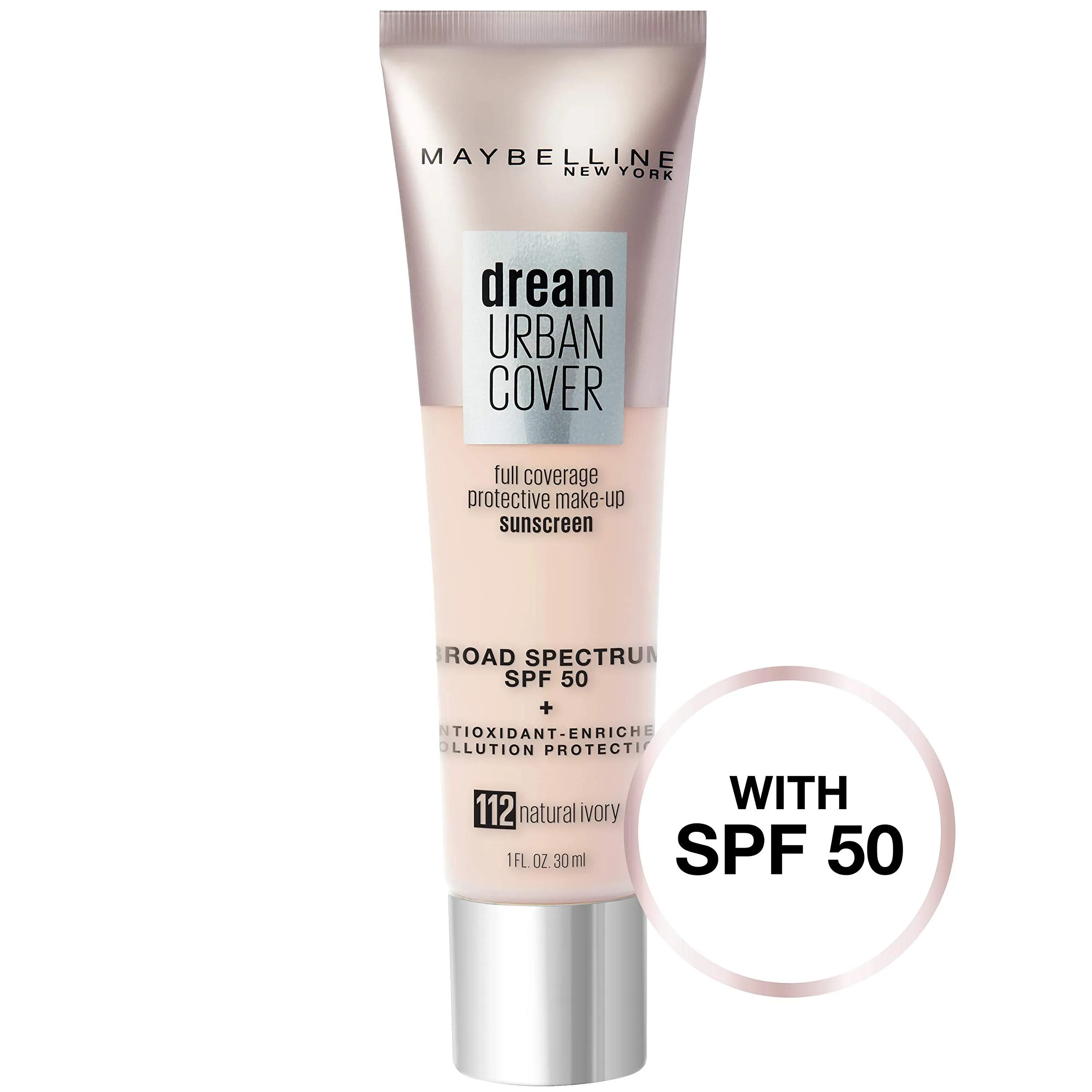 Maybelline Dream Urban Cover Flawless Coverage Foundation Makeup, SPF 50, Natural Ivory