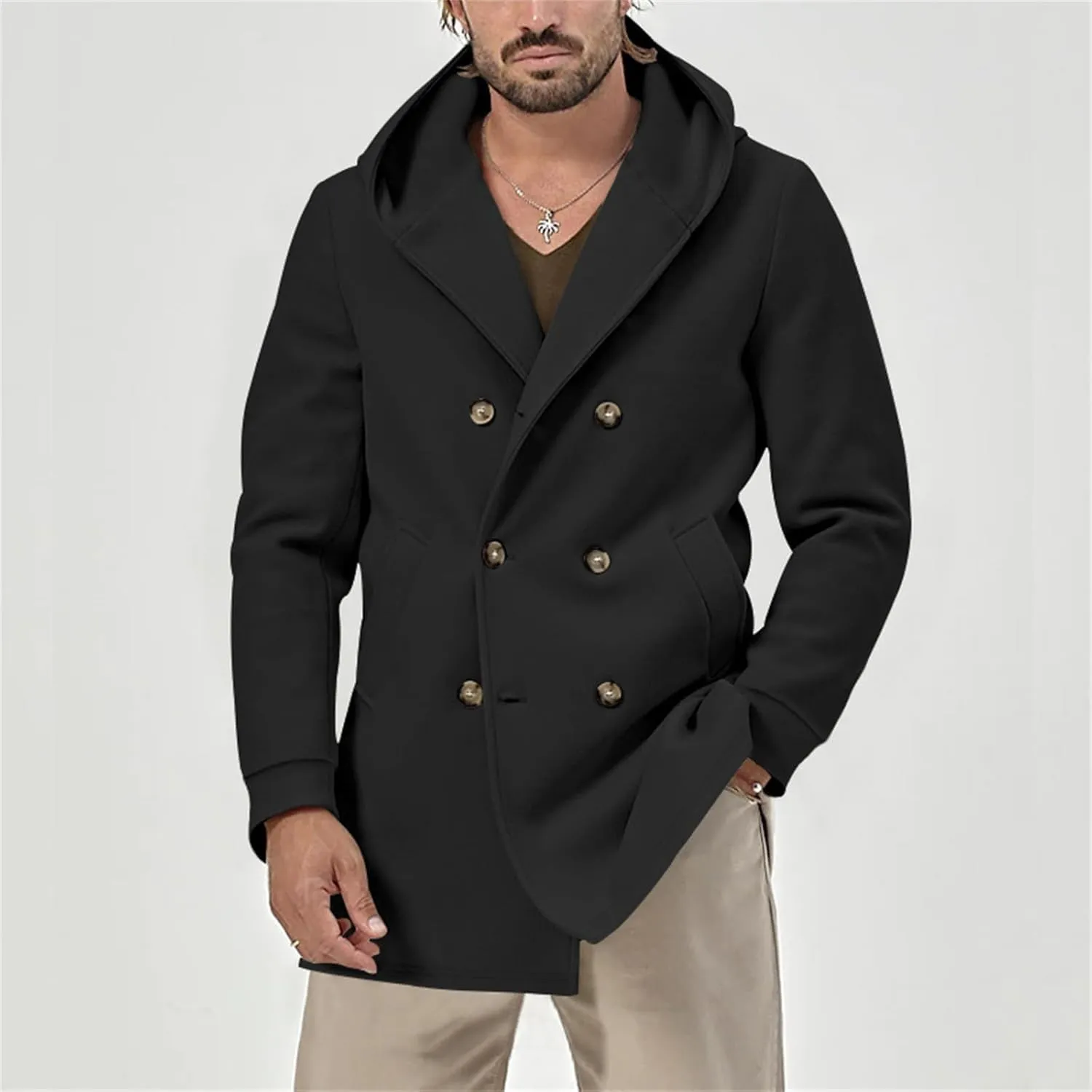 Mens Classic Mid Long Pea Coat Notched Collar Double Breasted Slim Fit Winter Warm Heavyweight Trench Coats