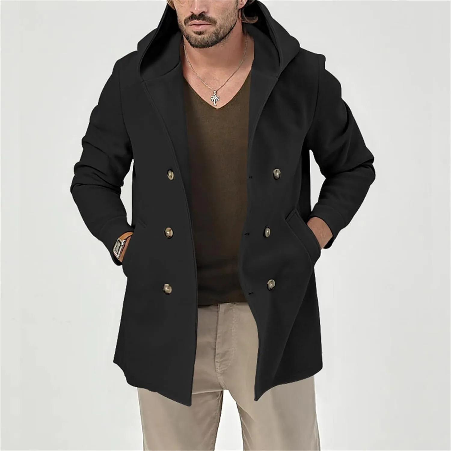 Mens Classic Mid Long Pea Coat Notched Collar Double Breasted Slim Fit Winter Warm Heavyweight Trench Coats