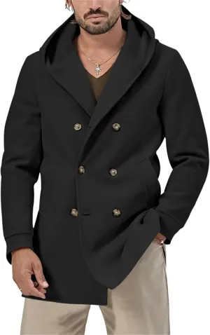Mens Classic Mid Long Pea Coat Notched Collar Double Breasted Slim Fit Winter Warm Heavyweight Trench Coats