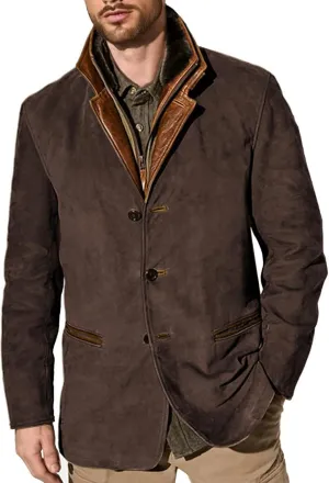 Men's Faux Leather Jacket Double Lapel Casual Work Cargo Jacket Vintage Style Leather Blazer Windproof Coat with Button