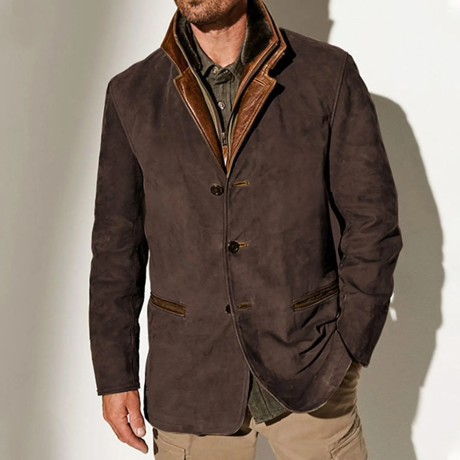 Men's Faux Leather Jacket Double Lapel Casual Work Cargo Jacket Vintage Style Leather Blazer Windproof Coat with Button