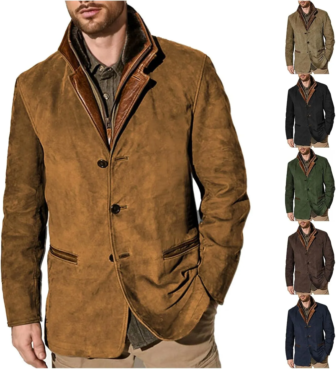Men's Faux Leather Jacket Double Lapel Casual Work Cargo Jacket Vintage Style Leather Blazer Windproof Coat with Button