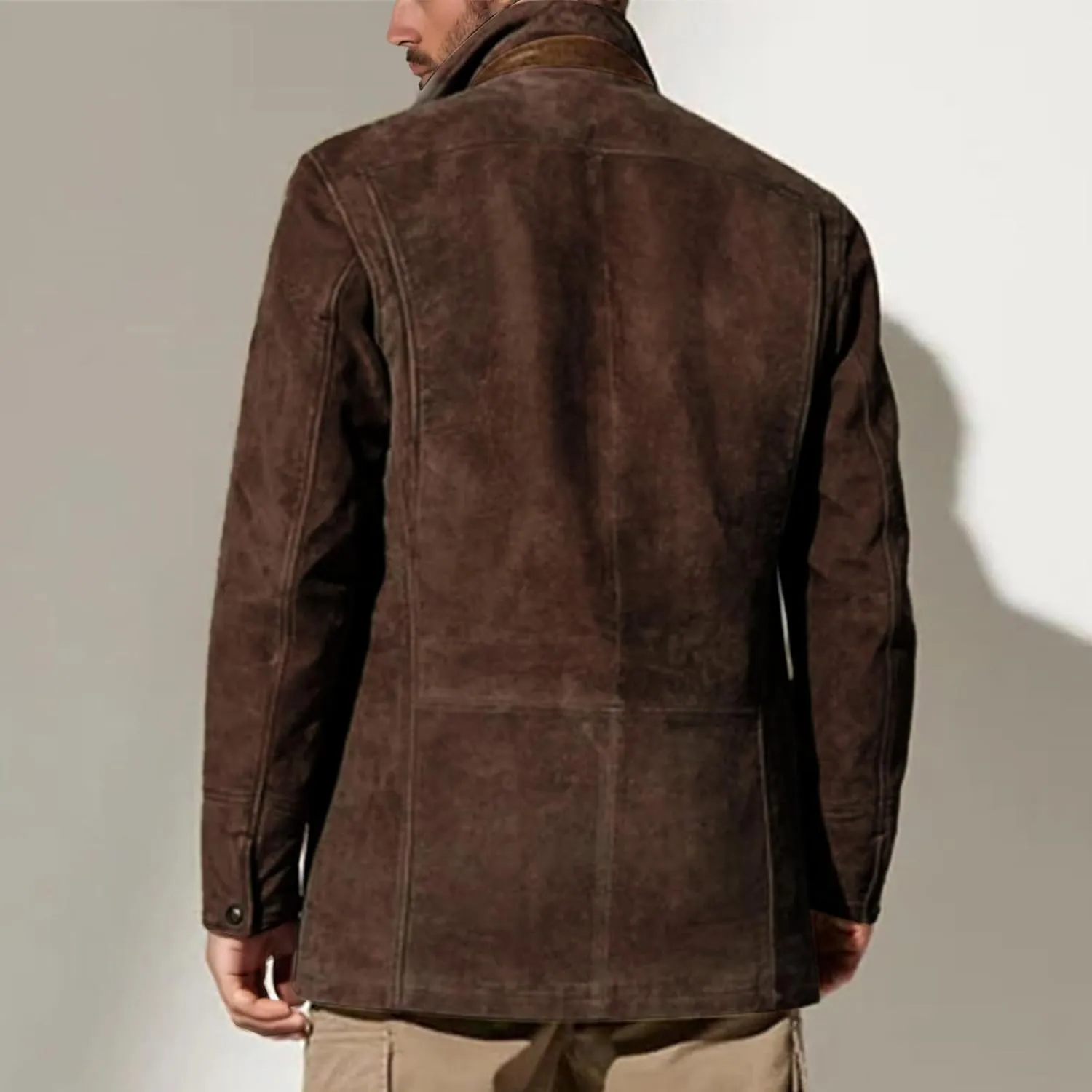 Men's Faux Leather Jacket Double Lapel Casual Work Cargo Jacket Vintage Style Leather Blazer Windproof Coat with Button
