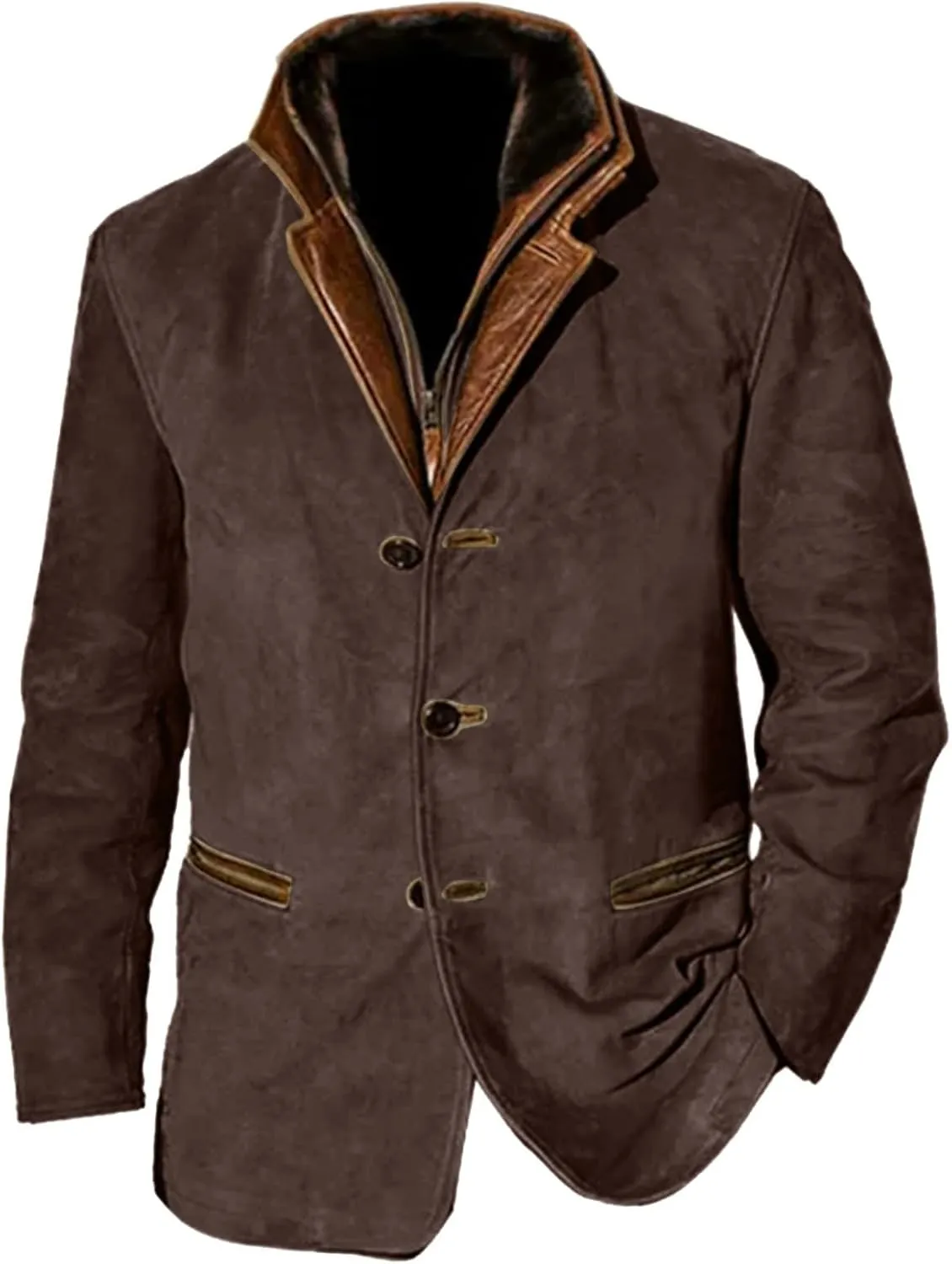 Men's Faux Leather Jacket Double Lapel Casual Work Cargo Jacket Vintage Style Leather Blazer Windproof Coat with Button