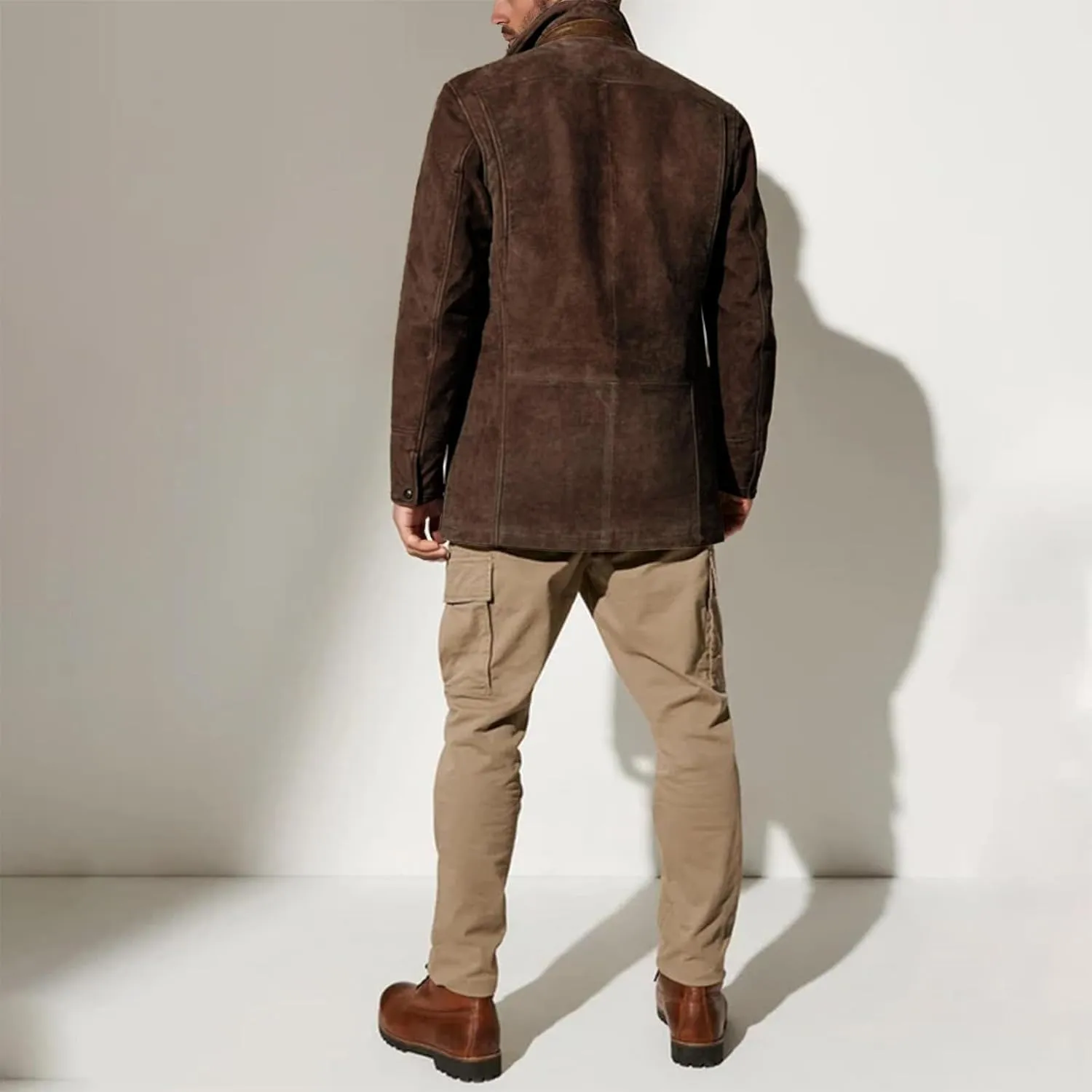 Men's Faux Leather Jacket Double Lapel Casual Work Cargo Jacket Vintage Style Leather Blazer Windproof Coat with Button
