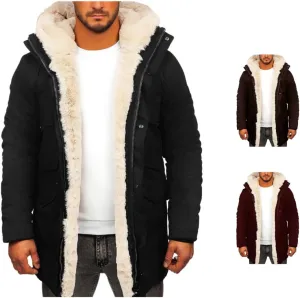 Mens Faux Leather Jacket with Faux Fur Hooded Fleece Warm Outwear Oversized Casual Windproof Coats Winter Outfits