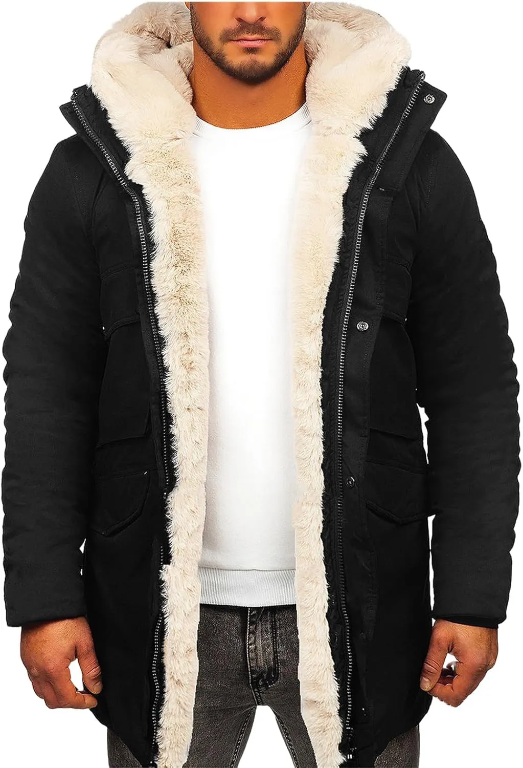 Mens Faux Leather Jacket with Faux Fur Hooded Fleece Warm Outwear Oversized Casual Windproof Coats Winter Outfits