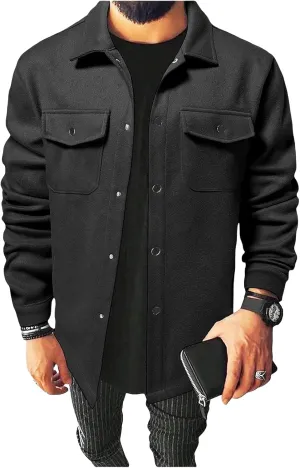 Men's Jacket Long Sleeve Button Down Jackets Open Front Cardigan Overcoat Lightweight Casual Coat with Flap Pockets