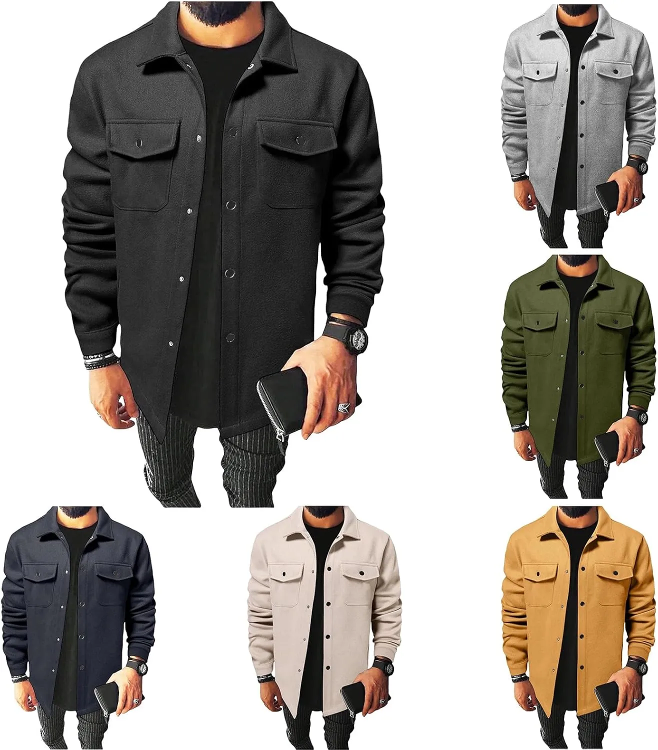 Men's Jacket Long Sleeve Button Down Jackets Open Front Cardigan Overcoat Lightweight Casual Coat with Flap Pockets