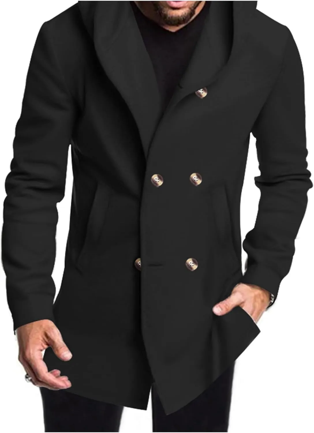 Mens Mid Long Trench Coat with Hood Winter Double Breasted Pea Coat Warm Lapel Work Business Jacket Windproof Overcoat