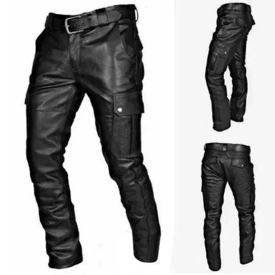 Men's Pants Punk Retro Slim Casual Long Pants Faux Leather Fashion