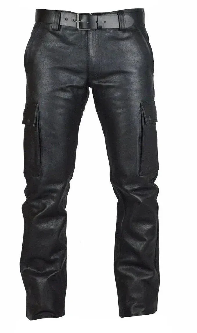 Men's Pants Punk Retro Slim Casual Long Pants Faux Leather Fashion