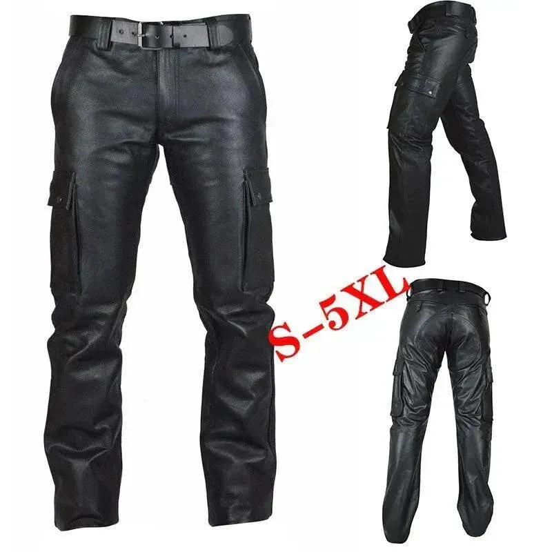 Men's Pants Punk Retro Slim Casual Long Pants Faux Leather Fashion