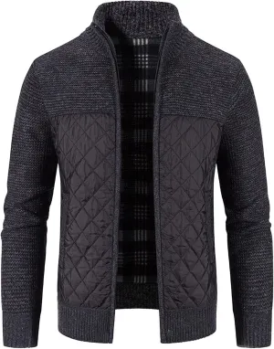 Men's Winter Casual Cardigan Cotton-padded Jacket Stand Collar Knitted Splice Sweater Coat for Coats Men