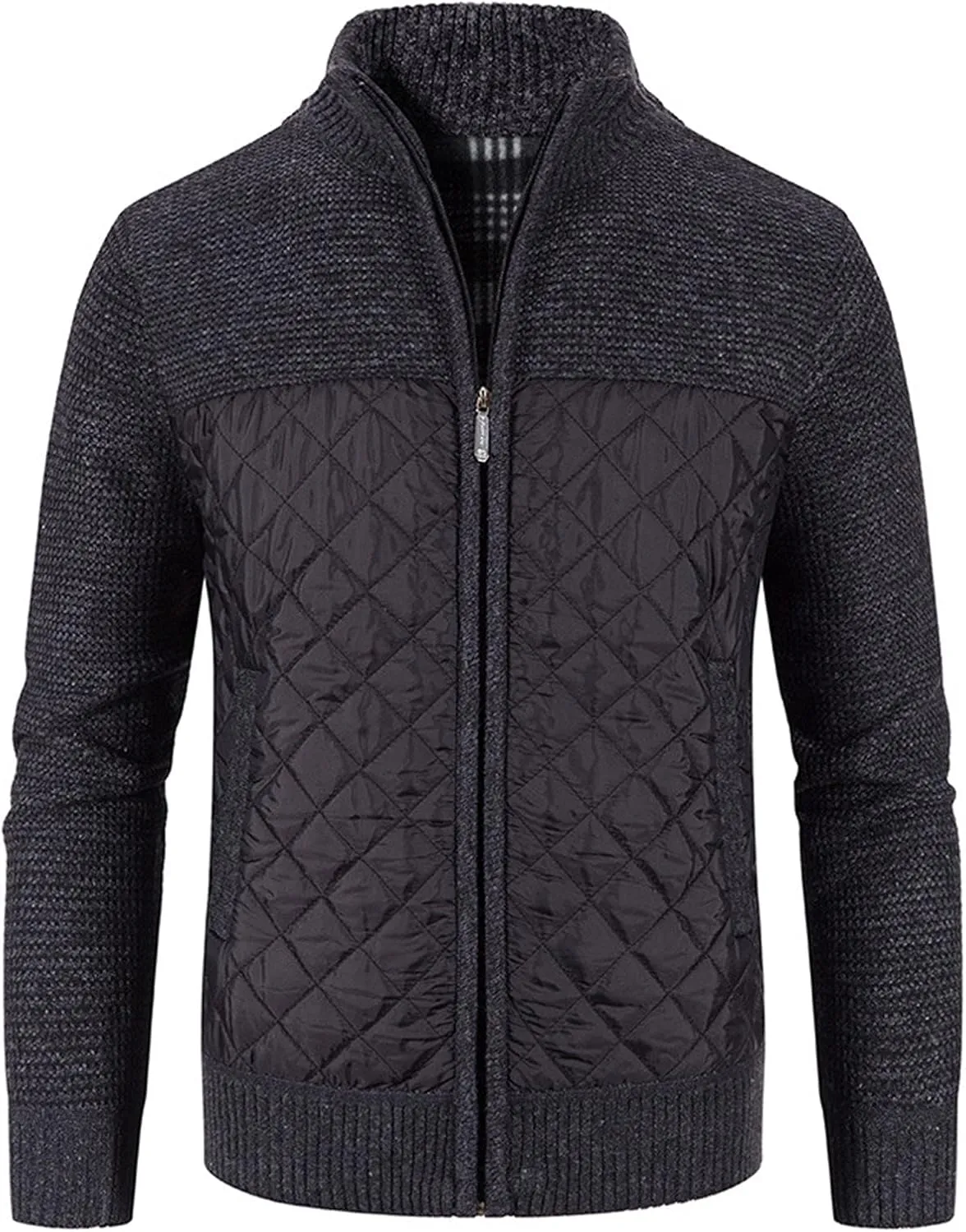 Men's Winter Casual Cardigan Cotton-padded Jacket Stand Collar Knitted Splice Sweater Coat for Coats Men