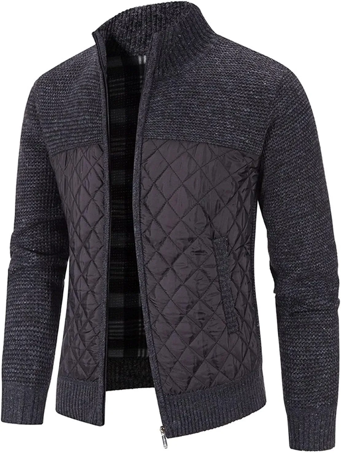Men's Winter Casual Cardigan Cotton-padded Jacket Stand Collar Knitted Splice Sweater Coat for Coats Men