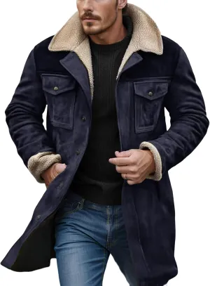 Mens Winter Coats Vintage Suede Patchwork Lamb Fleece Long Jacket Trucker Warm Casual Coat Overesized Thick Trench Coat